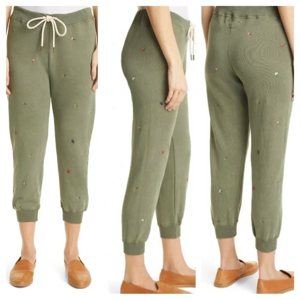 THE GREAT. The Cropped Sweatpants With Tossed Floral Embroidery in Army Sz-3 = L - Picture 2 of 10